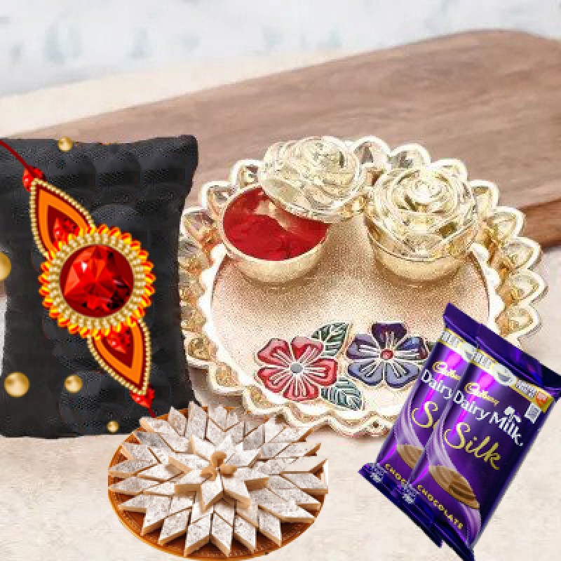 Kundan Rakhi, Puja Thali, Kaju Katli & Chocolates