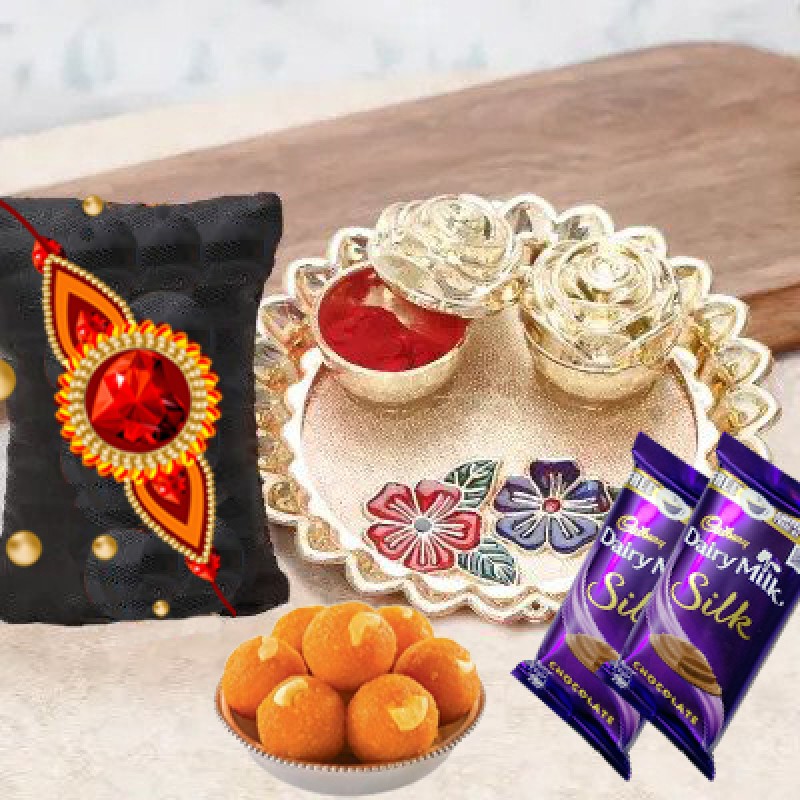 Kundan Rakhis, Puja Thali, laddu & chocolates
