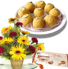 Ethnic Rakhi, Greetings, laddus & Flowers Combo