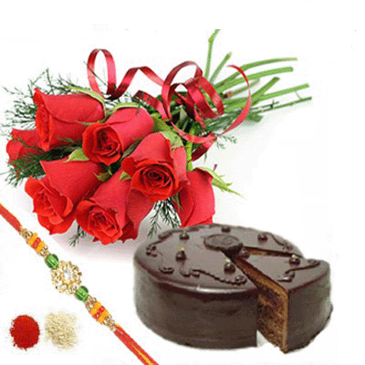 Pearl Rakhi, Chocolate Cake & Roses Combo