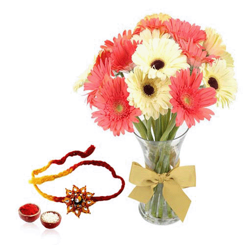 Exotic Gerberas with Ethnic Rakhi Combo