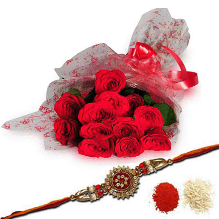 Ethnic Rakhi with Roses Combo