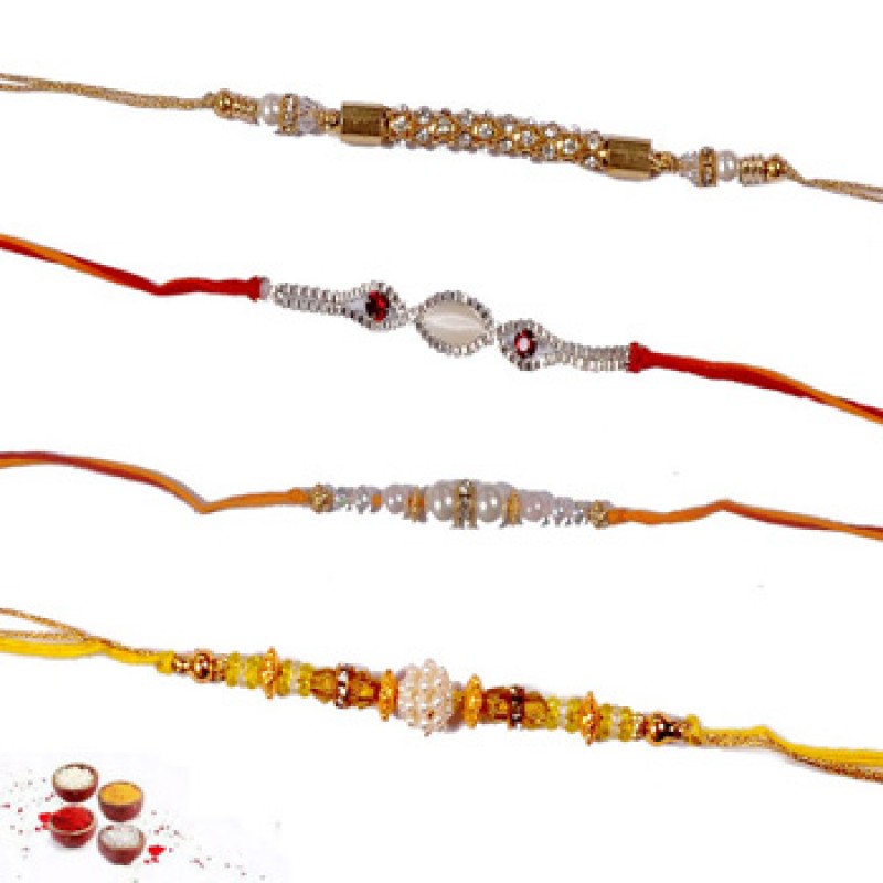 Exclusive Set of 4 Beads Rakhi with Roli Chawal